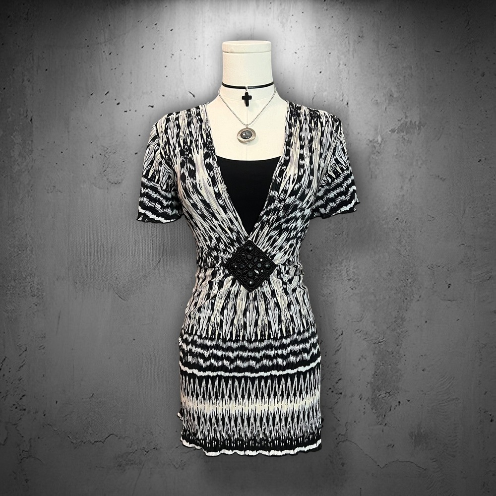 Y2K Elementz Dark Abstract Beaded Plisse Pleated Ikat Print Layered Tunic Top M